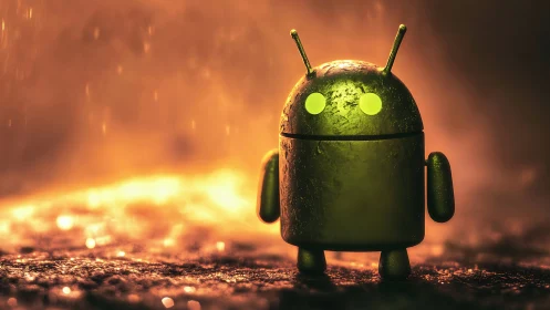 Luminous android mascot in molten backlit cyber-environment.