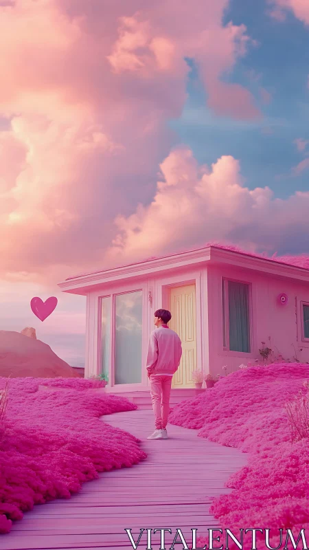 Monochrome pink pathway to surreal house under pastel clouds