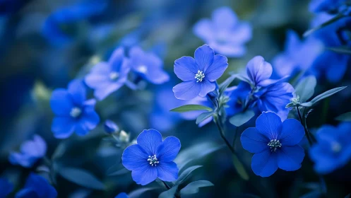 Midnight blue blossoms drifting through a dreamlike garden.