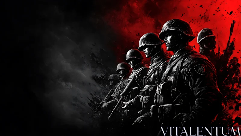 Grim red horizon meets steel-clad marching war shadows.