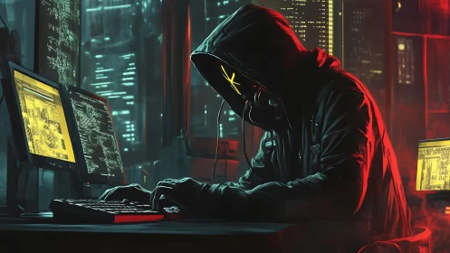Neon-masked night hacker weaving code in burning shadows.