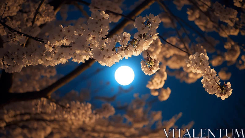 Moonlit cherry blossoms cradle a glowing midnight pearl.