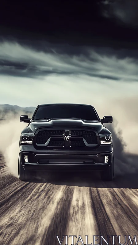 Front-facing black pickup truck kicking dust on desert track