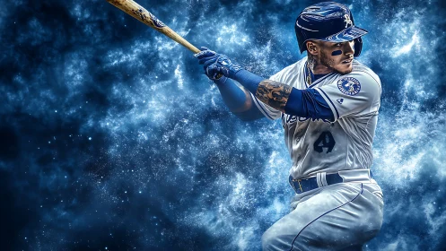 Dynamic baseball batter amid blue cosmic particle burst