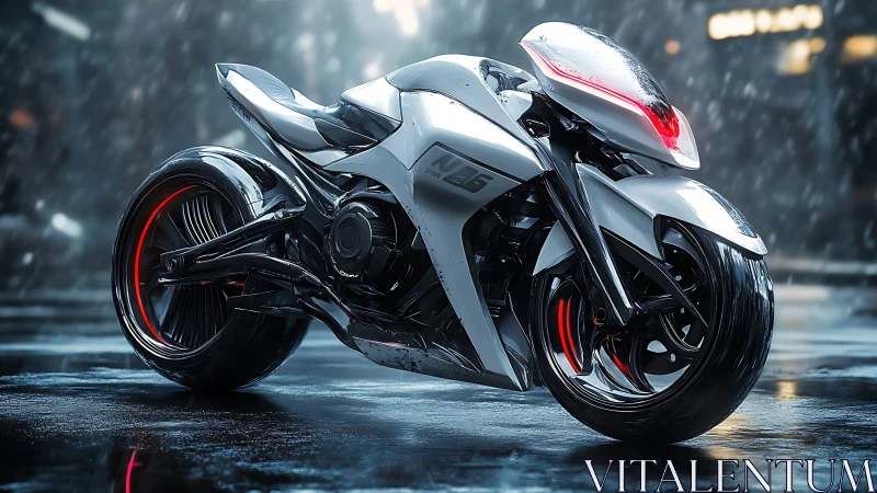 Rain-soaked cyber street bike glowing in city night.