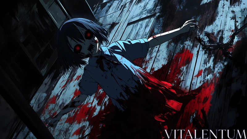 Blood-soaked anime girl lies on tilted wooden floor