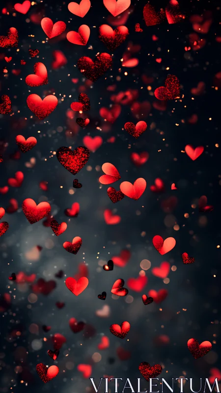 Luminous Red Hearts Floating Against Darkened Background