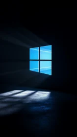 Luminescent blue window icon casting rays in darkness.