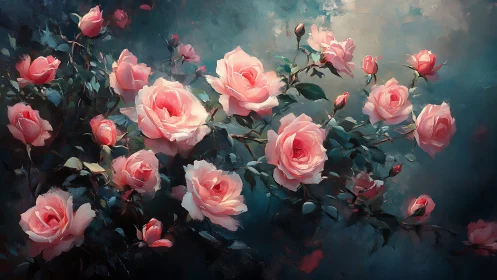 Pink Roses Rendered in Luminous Oil Painting Technique with Atmospheric Depth