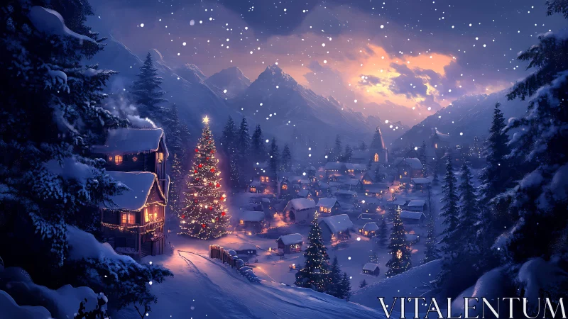 Cozy snowy village glowing under a magical winter sky.