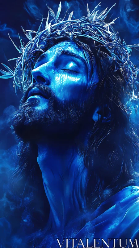 Blue-toned spiritual portrait with glowing thorn crown.