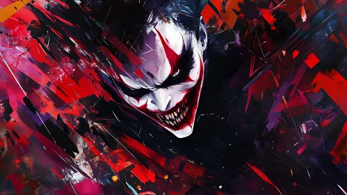 Sinister clown visage amid fractured crimson chaos.