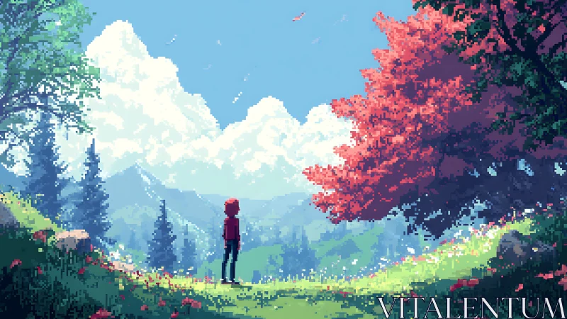 Solitary figure beneath vibrant red tree in pixel valley.