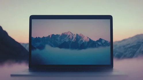 Laptop screen showing misty mountain range at dusk.