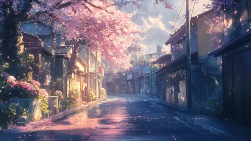 Spring-lit Japanese alley with cherry blossoms and wet pavement