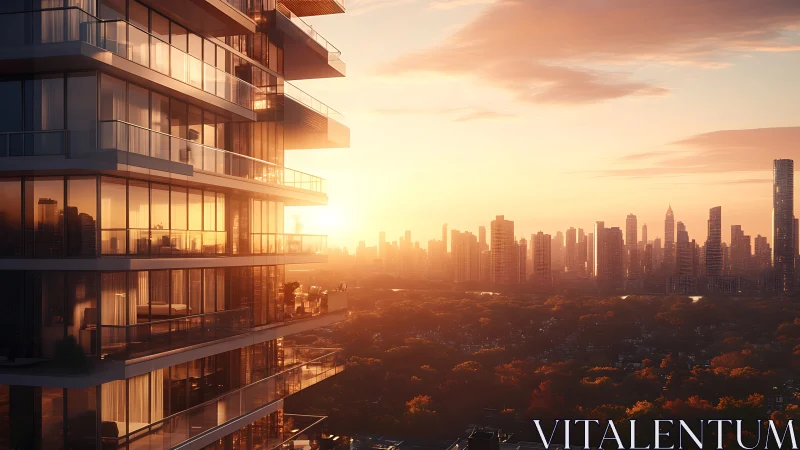 Sunlit glass tower overlooks autumn city skyline sunset