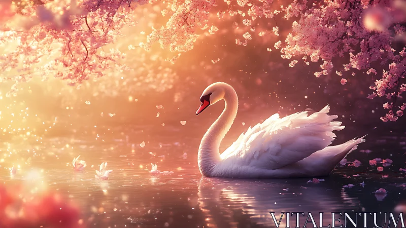 Graceful white swan drifting under glowing cherry blossoms.