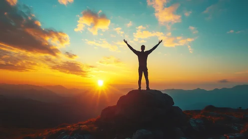 Sunrise summit victory with sky-borne silhouette joy.