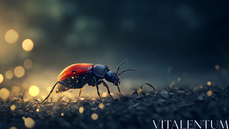 Backlit ground beetle in cinematic shallow-depth macro field.