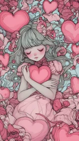 Ethereal Figure with Graphic Heart Iconography in Pastel Illustration