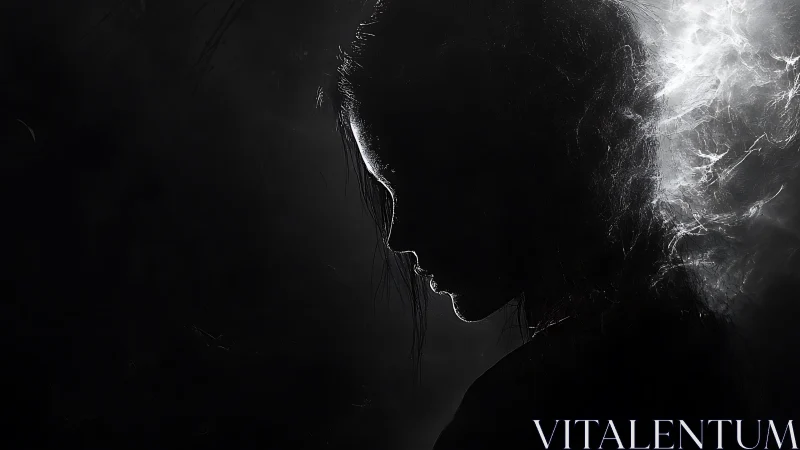 Silhouetted female profile emerging from shadowed smoke.