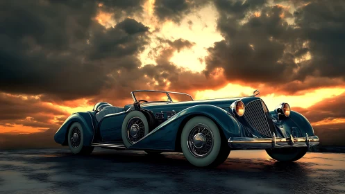 Vintage blue roadster on wet pavement under dramatic sky.