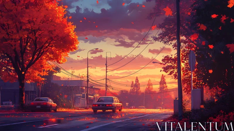 Quiet suburban street under blazing autumn sunset sky.