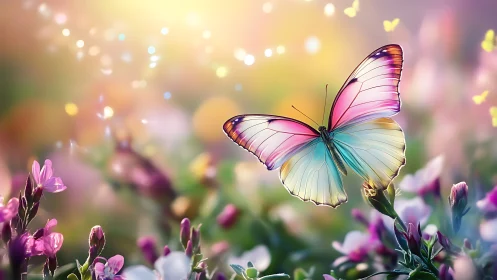 Pastel butterfly over glowing spring flower meadow.