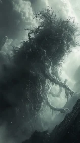 Towering mist-wreathed tree spirit rising through clouds.