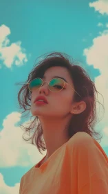 Sunlit dreamer in rose-tinted shades beneath painted sky.