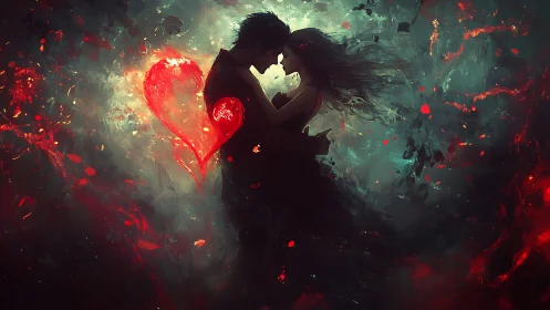 Silhouetted figures kissing with luminescent red heart shape amid chaotic particle effects