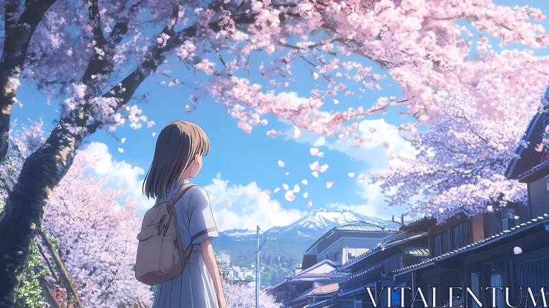 Girl walks under cherry blossoms toward distant snowy peak
