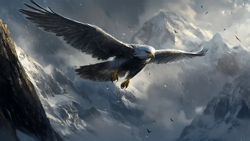 Majestic Bald Eagle Soaring Over Dramatic Snowy Mountain Peaks.