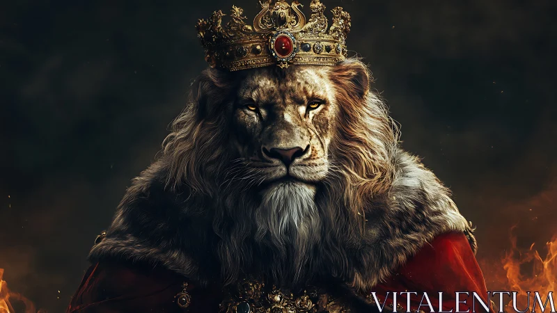 Regal crowned lion in fiery royal portraiture focus.