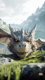 Gentle mountain dragon resting in sunlit alpine meadow.