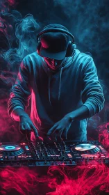 Hooded DJ mixing tracks amid red and blue neon smoke.