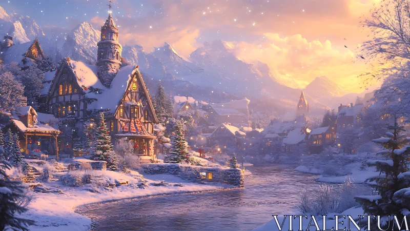Snowy riverside village glowing under a gentle winter dusk.