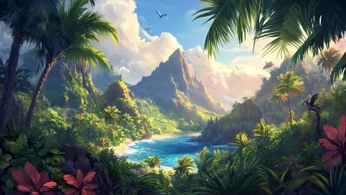 Tropical Island Paradise Valley with Cascading Mountains and Pristine Waters