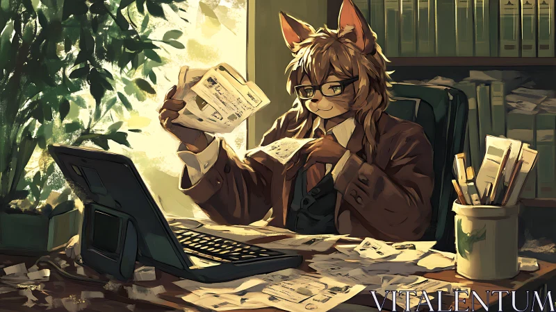 Anthropomorphic office worker reviewing documents at desk.