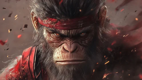 Battle-hardened warrior ape glares amid swirling embers.