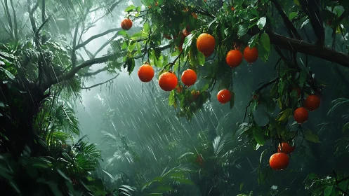 Orange tree bears ripe fruit under heavy tropical rain