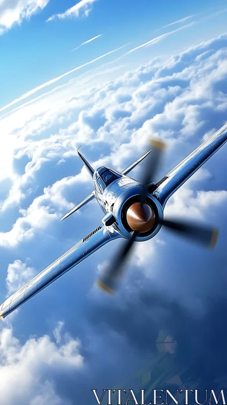 Single-prop fighter aircraft climbs above stratocumulus layer in sunlit sky