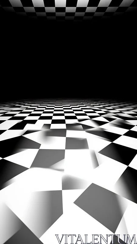 Warped checkerboard corridor in stark monochrome perspective.