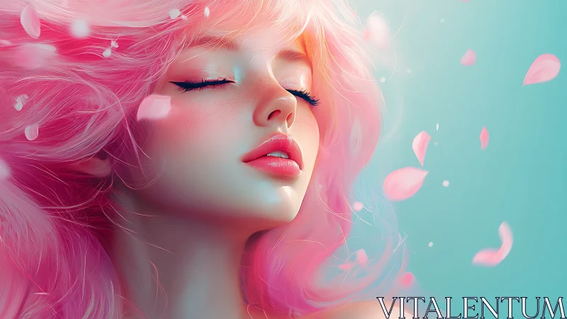 Dreamy pink haired muse in a soft petal filled breeze.