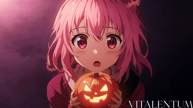 Pink haired girl with glowing pumpkin in soft twilight.