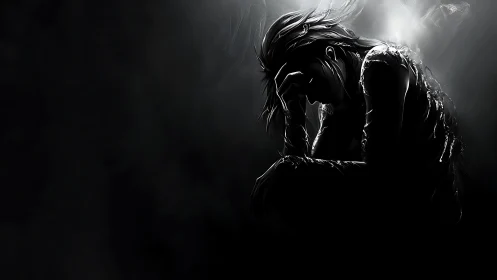 Silhouetted figure in anguish under stark monochrome backlight.