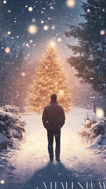 Solitary figure admires glowing Christmas tree in snowfall