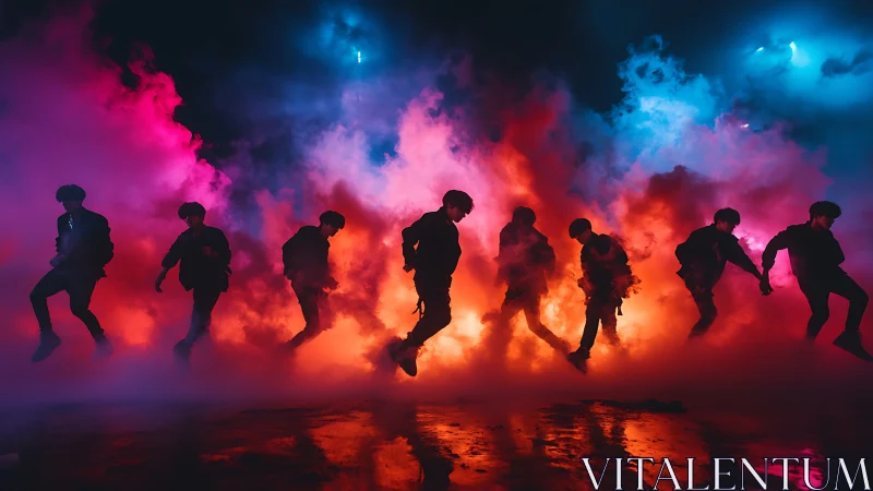 Silhouetted dance crew in neon smoke with cinematic backlight.