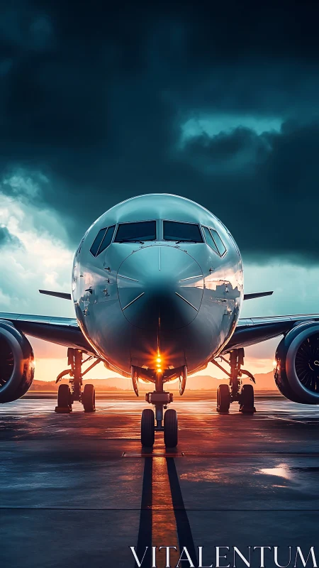 Symmetrical jet airliner portrait in dramatic runway light.
