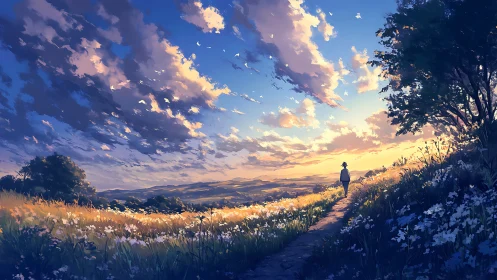 Solitary walker moves through glowing fields at sunset